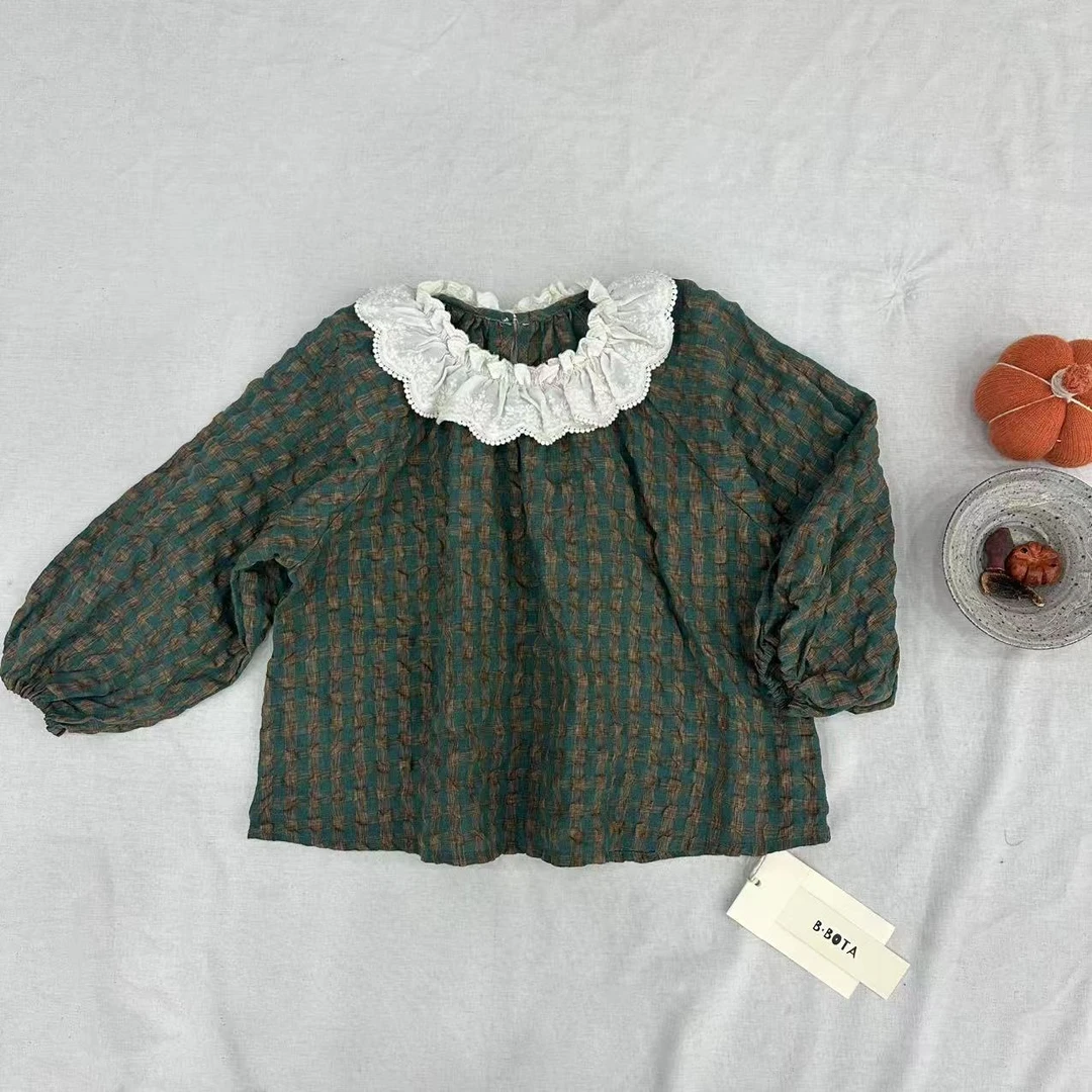 〖姐姐家〗2025春款儿童萌娃穿搭蕾丝重工翻领格子款衬衫 bt159