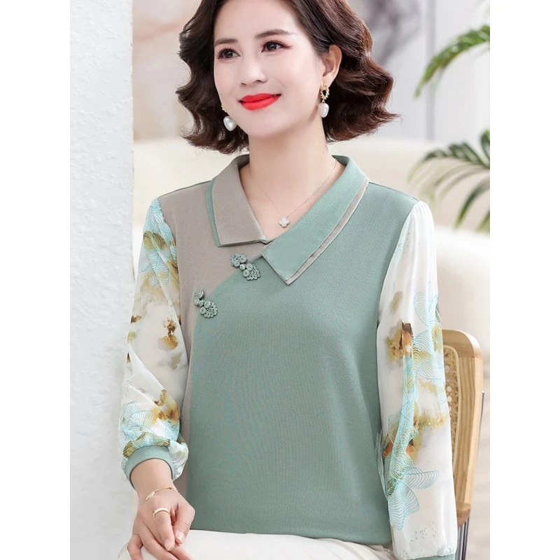 中年妈妈春秋装国风时尚冰丝针织上衣洋气长袖中老年女士打底小衫
