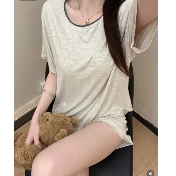 慵懒风带胸垫纯色大码短袖短裤家居服套装休闲睡衣