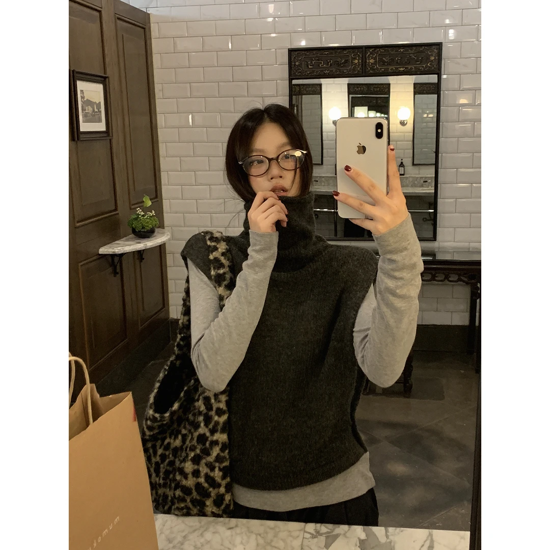 【情书邮局马甲】秋冬韩系简约时尚高领马甲宽松短款背心9115