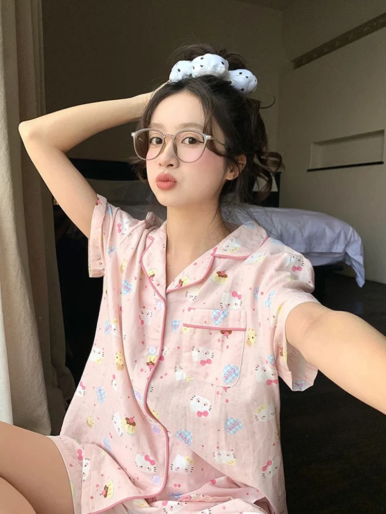 少女可爱卡通波点睡衣女夏季开衫翻领短袖短裤透气外穿家居服套装