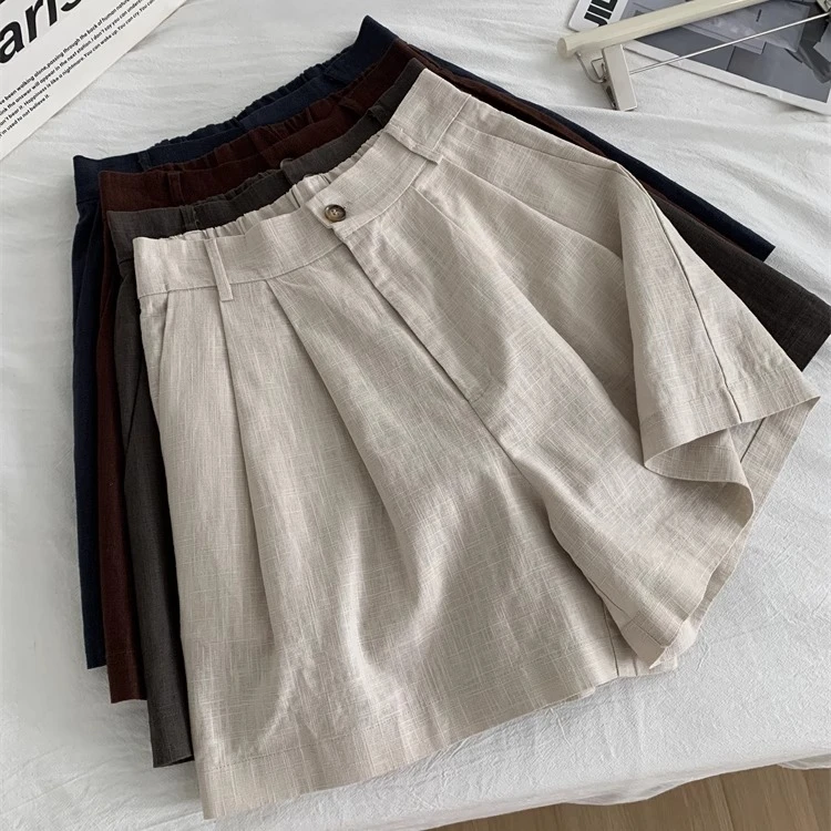 韩版复古亚麻短裤女韩系百搭A字高腰显瘦洋气时尚气质宽松阔腿裤