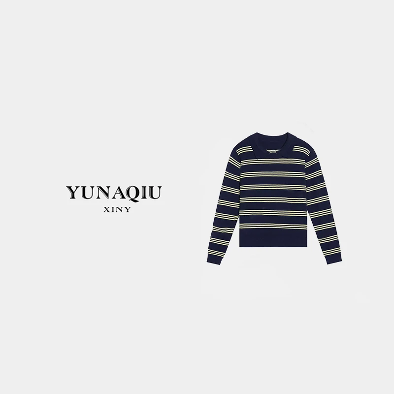 YUNAQIU-2025条纹POLO领套头针织长袖-2010