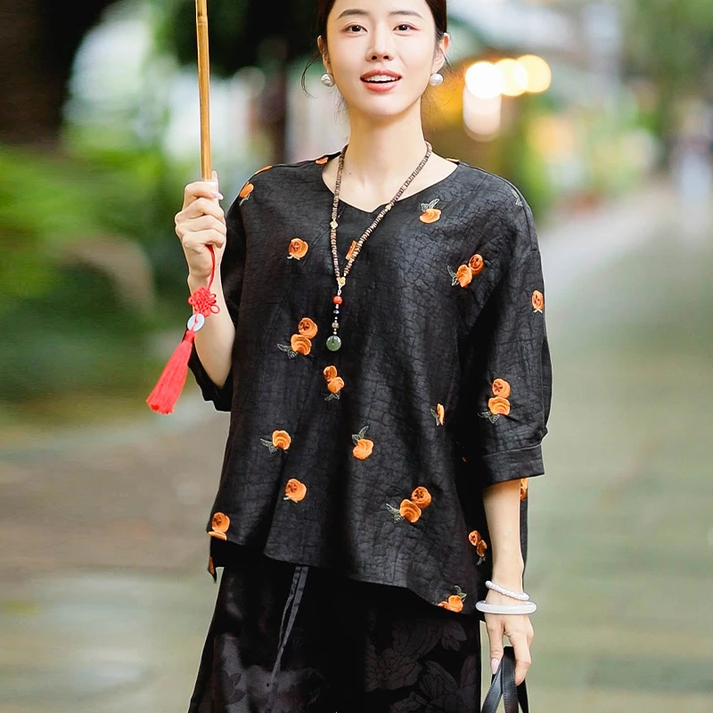 复古日记“微雨”40mm黑龟香云纱满绣中式上衣25FC520