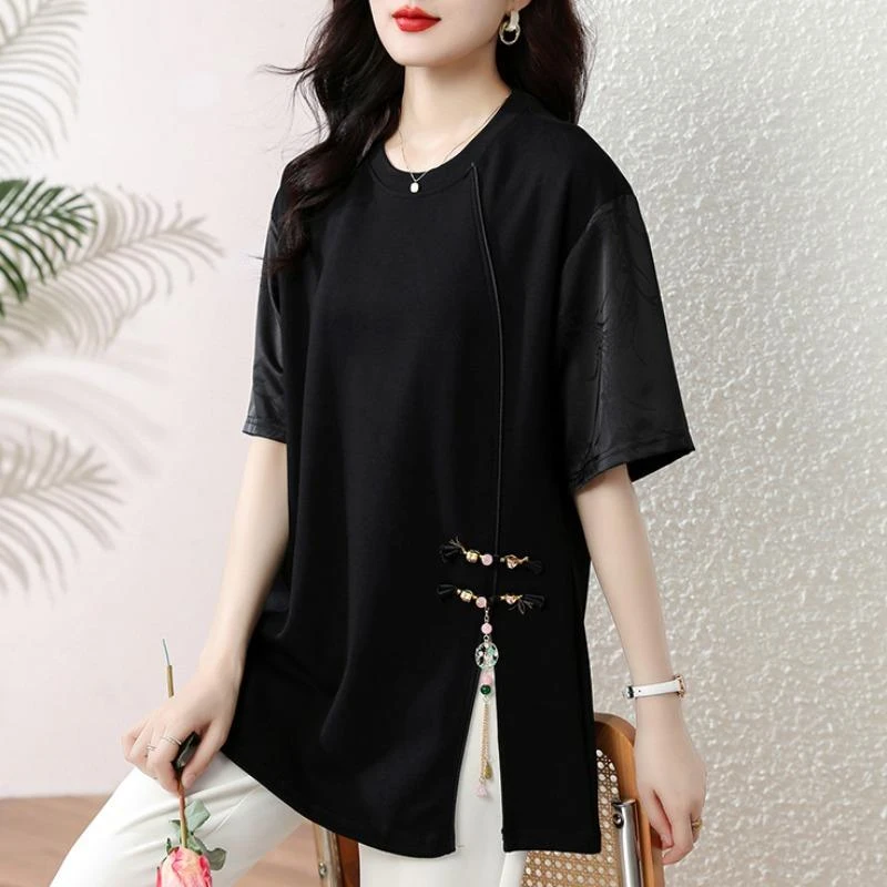 洋气女装国潮高级感t恤女士短袖夏季盘扣设计感大码宽松开叉上衣