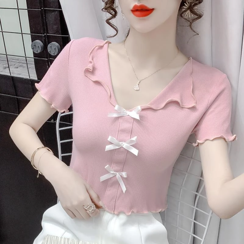 2025新款夏季木耳领纯欲短袖体恤女设计感小众蝴蝶结短款女上衣