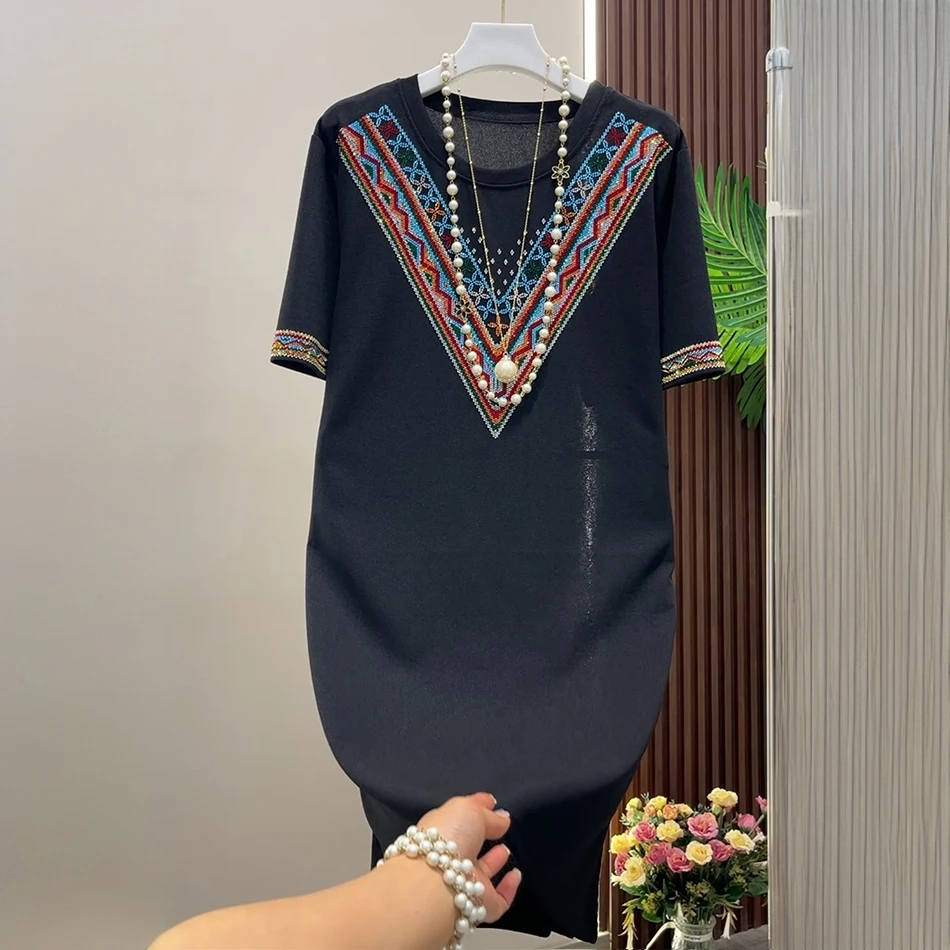 夏季短袖大码连衣裙胖妹妹遮肉显瘦宽松短袖半袖圆领镶钻大码女装