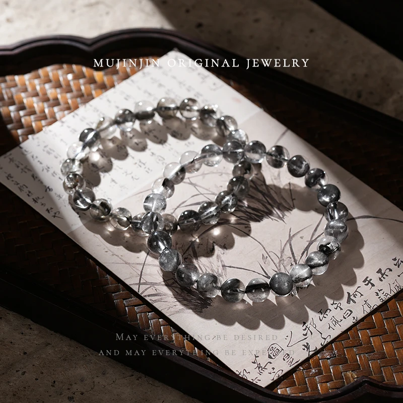 【木槿槿】天然黑银钛水晶手串女款约8m串珠手链多样性发一