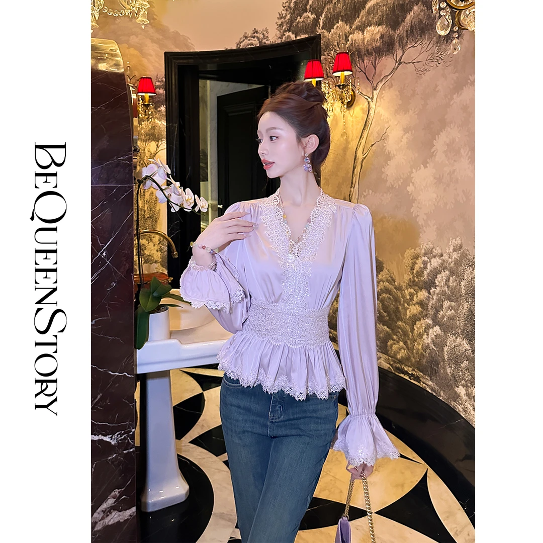韩韩IU【雅典公主】时尚气质轻奢复古宫廷风V领修身收腰女上衣新款