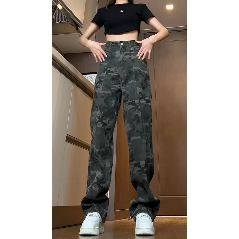 阔腿工装牛仔裤女男春秋款美式复古显瘦高街vibe迷彩直筒休闲裤子