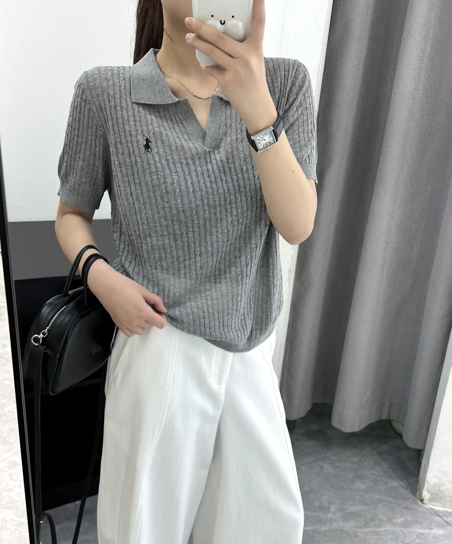 设计感POLO领纯色麻花针织衫短袖毛针织衫刺绣夏季