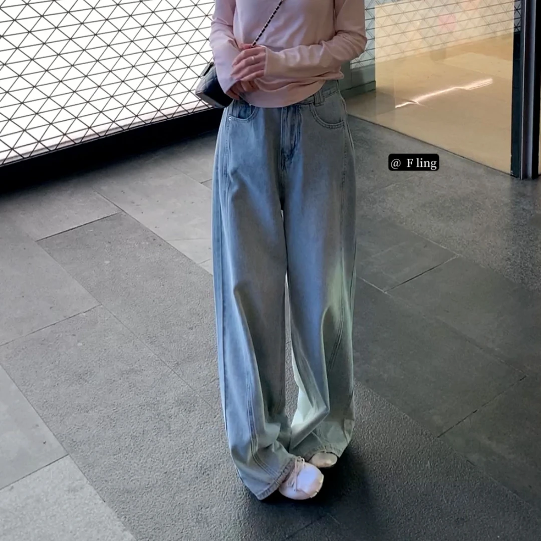 【芳龄F.LING】西西里  浅蓝色宽松垂感分割线设计感牛仔裤FL0573