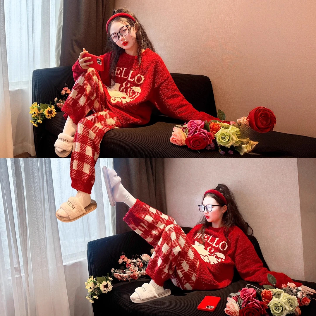 本命年红色儿童睡衣2025新款初中生冬装半边绒家居服女童保暖套装
