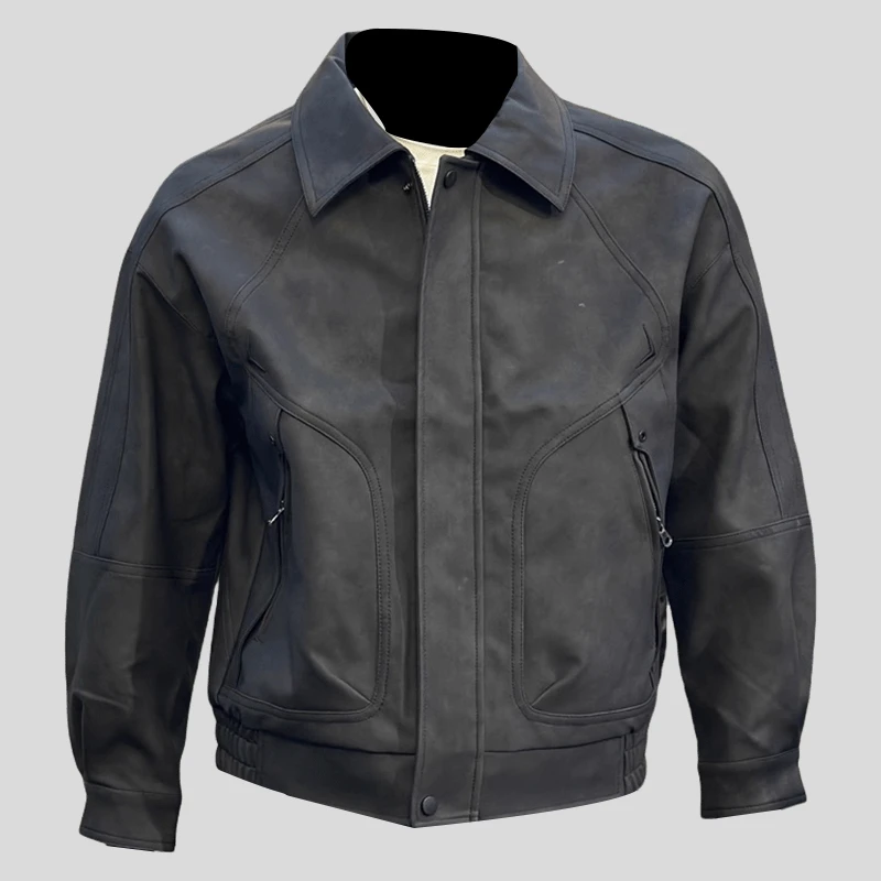 ohmmayby男士皮衣外套秋季宽松休闲夹克翻领PU皮黑色哑光磨砂质感