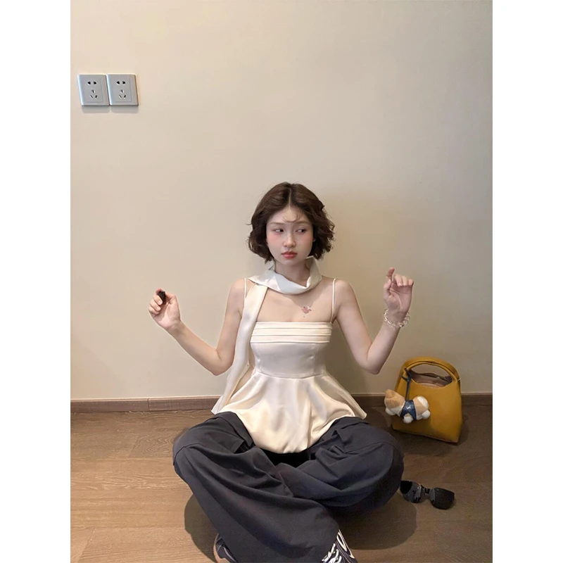 白色压褶抹胸吊带设计感花苞背心上衣多口袋抽绳工装裤复古裤子女