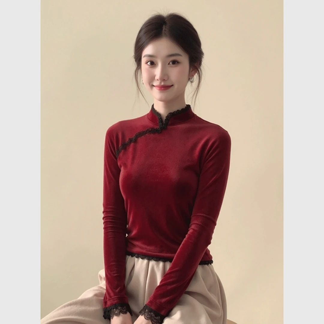 新中式国风红色蕾丝花边立领丝绒上衣女25秋修身复古巨好看的小衫