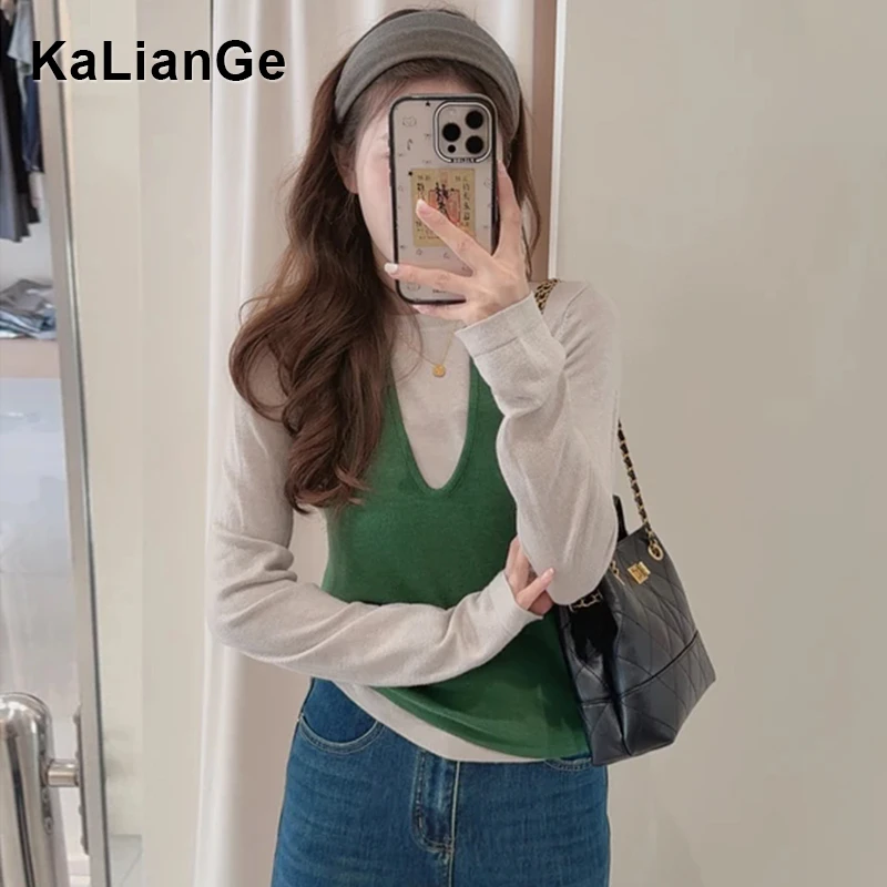 卡莲格/韩系挂脖背心长袖针织衫两件套女秋季显瘦高级感气质上衣