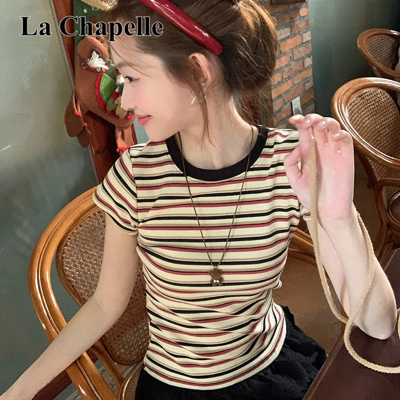 拉夏贝尔韩版撞色条纹短袖女修身短款圆领时尚t恤上衣ins夏季新款