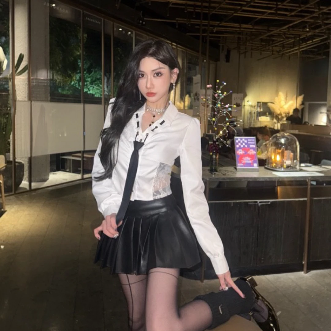 新款法式蕾丝甜辣衬衫女长袖显瘦甜美收腰上衣