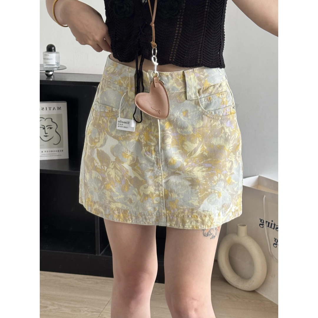 大码黄色美式扎染半身裙2025夏季新款防走光设计百搭A字牛仔短裙