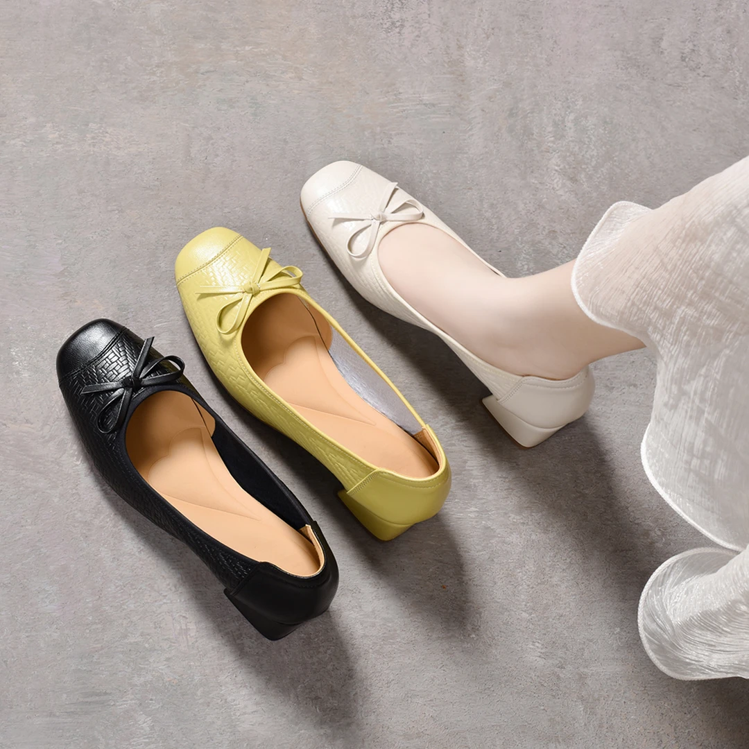 2025新款真皮女鞋浅口舒适单鞋方头时尚甜美蝴蝶结中跟粗跟单鞋