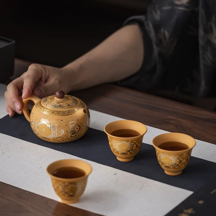 紫砂凤鸣金银错黄金西施便携式旅行茶具套装一壶三杯带包户外露营