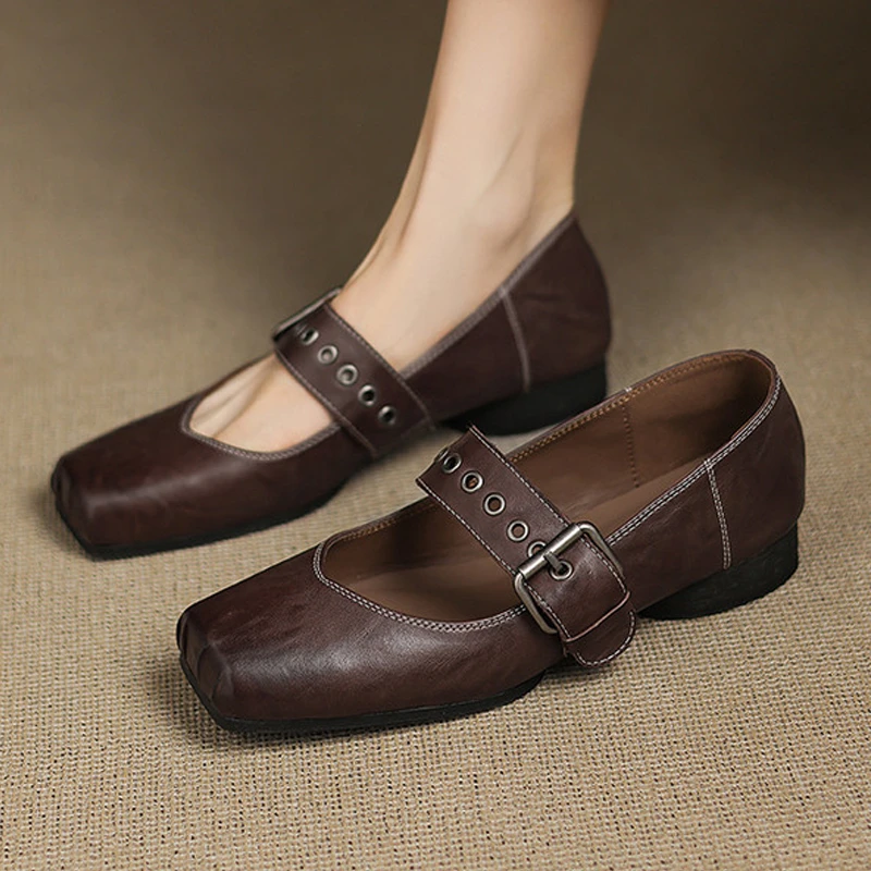 真皮新款低跟粗跟玛丽珍鞋百搭小众鞋子一字扣带猪鼻子浅口单鞋女