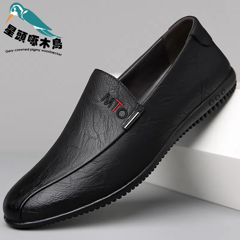 星头啄木鸟男鞋春季新款一脚蹬软皮软底驾车防滑时尚百搭休闲皮鞋