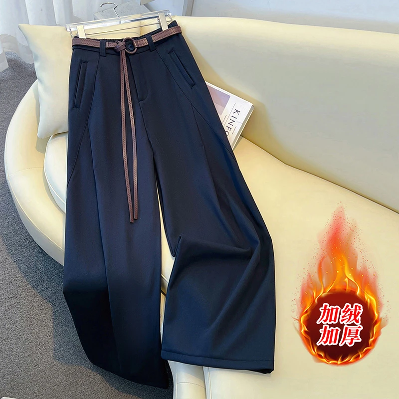 拉夏贝尔蓝色加绒阔腿裤女2025秋季新款小个子显瘦窄版直筒休闲裤