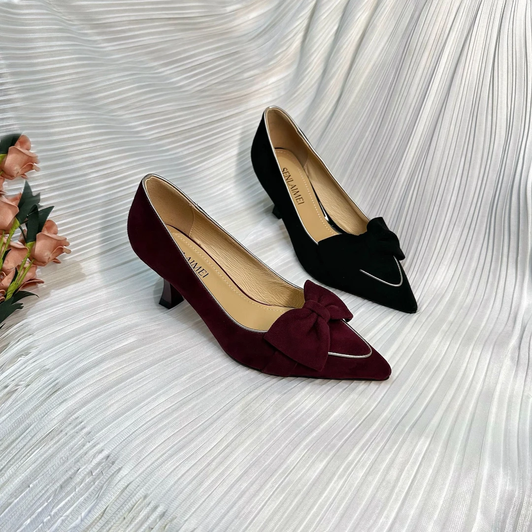 【优雅款】SLM/羊皮/5CM/33-40/8399/新款蝴蝶结百搭细跟气质高跟鞋