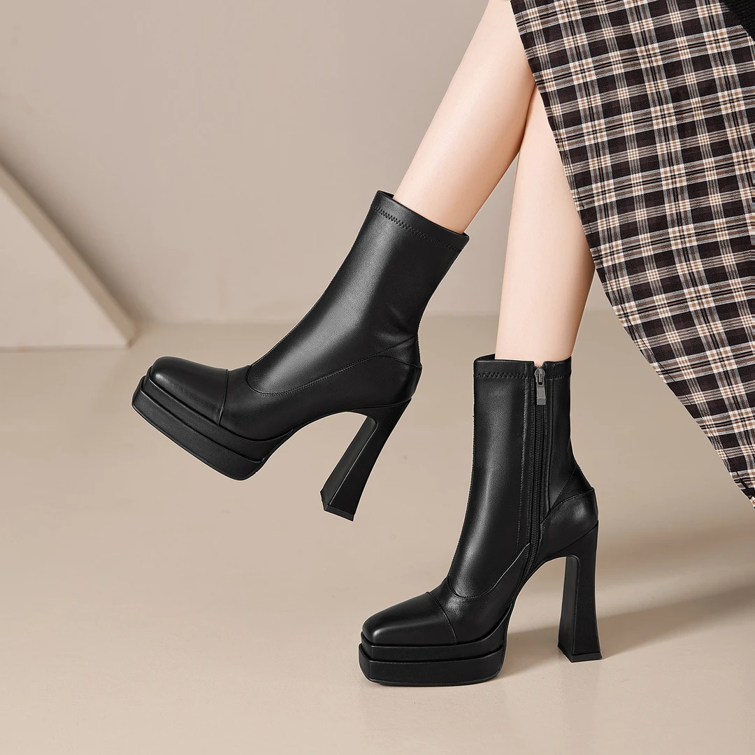 10cm防水台欧美风女靴子粗跟超高跟弹力靴小个子短靴气质瘦瘦靴