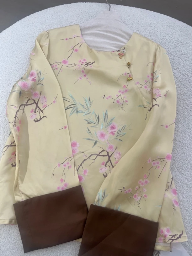 早春新款新中式国风高级感复古印花提花黄色衬衣942