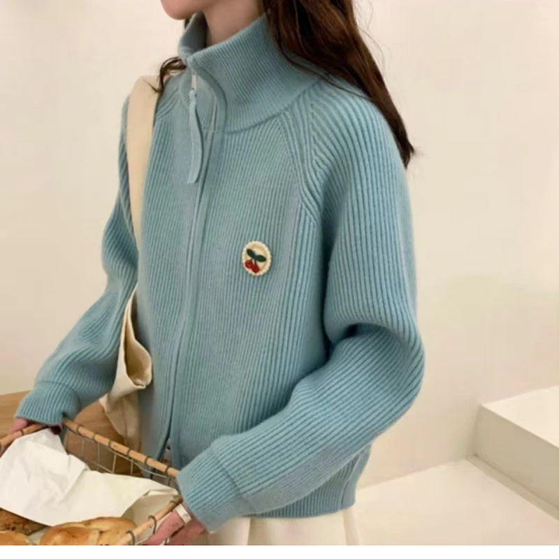 秋冬新款韩版宽松时尚甜美绣花毛衣开衫百搭立领双拉链毛衣外套