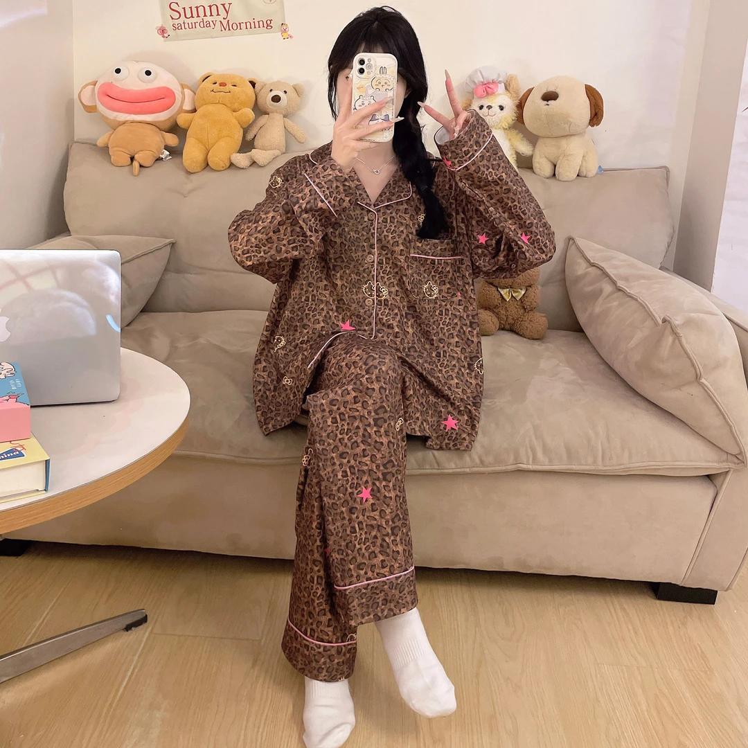 豹纹HelloKitty德绒睡衣女秋冬季长袖海岛绒绝美高级感家居服套装