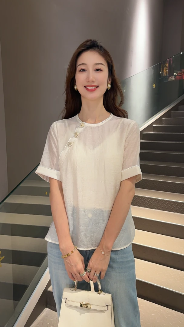 时尚夏季百搭复古宽松圆领中式气质衬衫5528