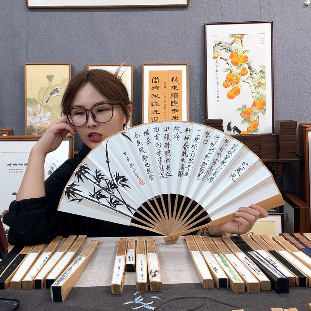 国画10寸玉竹-纯手绘-文玩扇骨（默认粘好）定风波