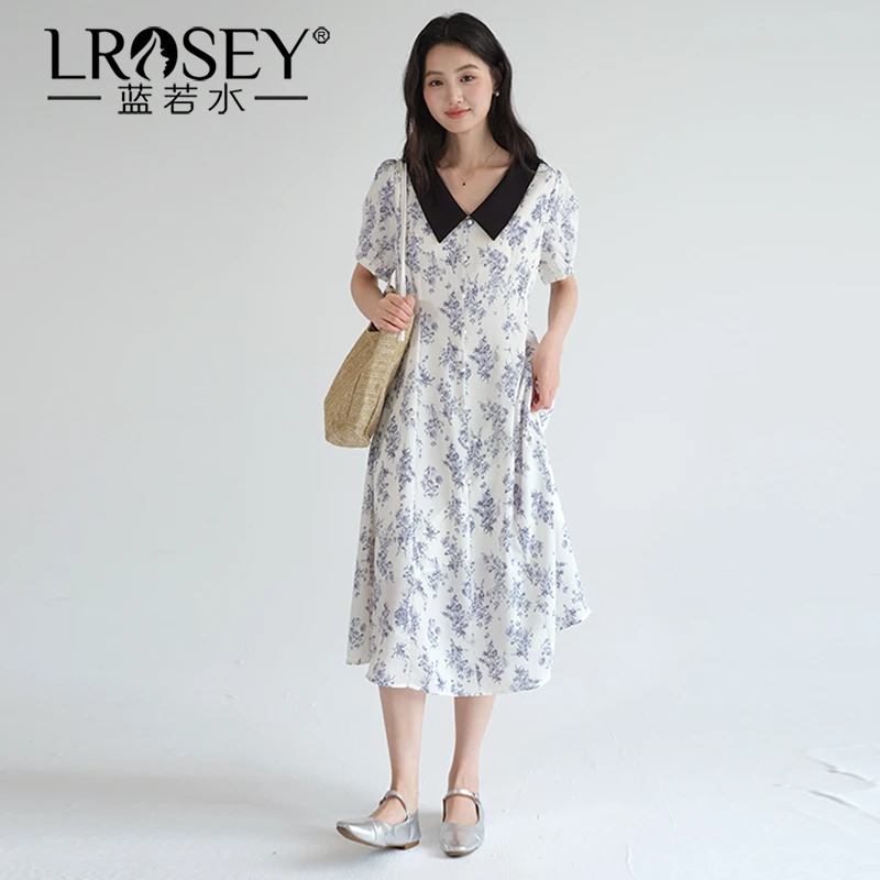 【撞色V领长款碎花裙】大码女装夏新款显瘦法式淑女连衣裙0055