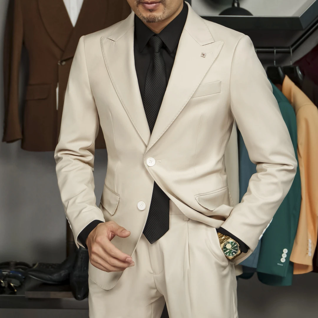 新款25732浅卡其西服套装时尚韩版修身两件套商务新郎结婚礼服