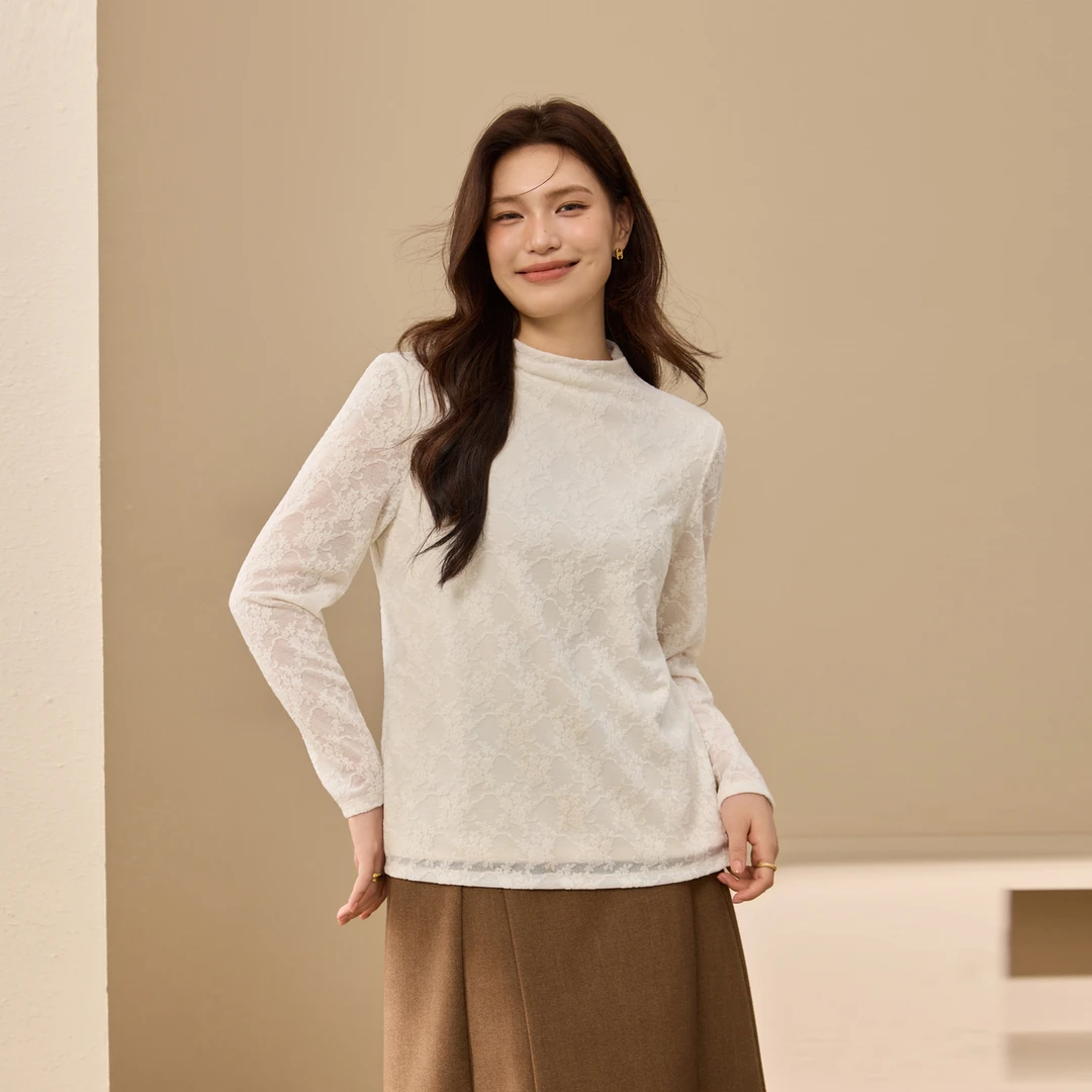 【双层蕾丝】纤莉秀W大码女装流光风半高领提花抓毛打底衫QK4327