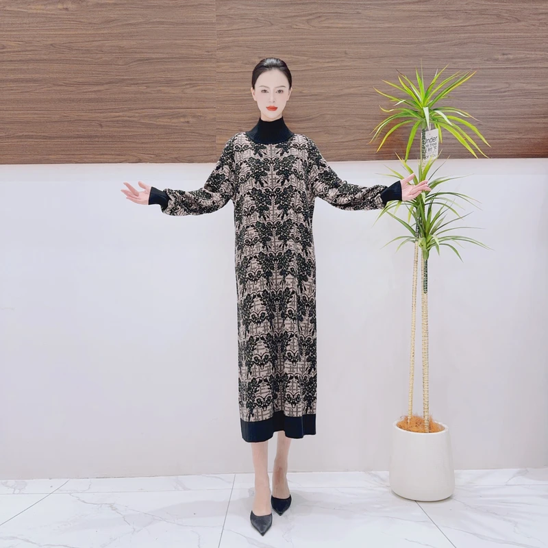 A246黑杏提花气质秋冬轻奢针织连衣裙时尚复古时尚长裙