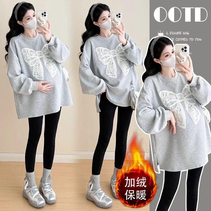 秋冬季孕妇装新款上衣蕾丝蝴蝶结圆领慵懒风孕期宽松休闲大码卫衣