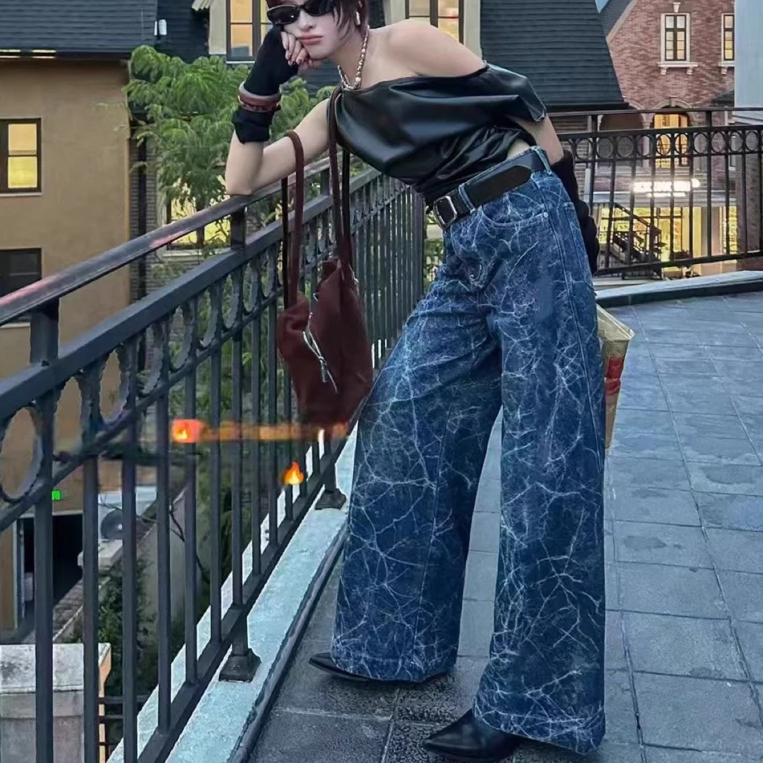 68017早秋显瘦百搭高街美式垂感软糯高腰宽松阔腿女牛仔裤