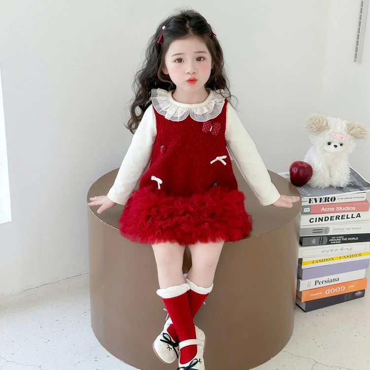 女童连衣裙套装春秋款2025新款儿童洋气网纱公主裙周岁宝宝礼服裙