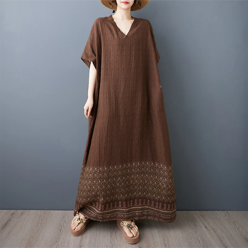 夏季v领棉麻大码宽松文艺度假风沙滩裙复古遮肉长款袍子薄连衣裙