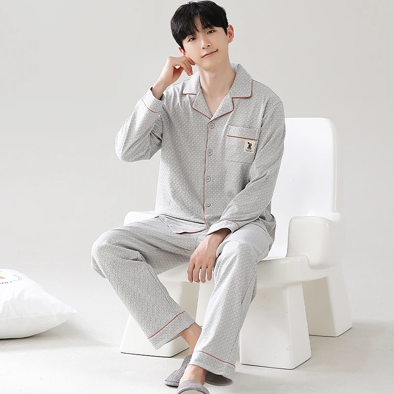 100%纯棉睡衣男春秋季新款长袖开衫翻领简约休闲中青年男士家居服