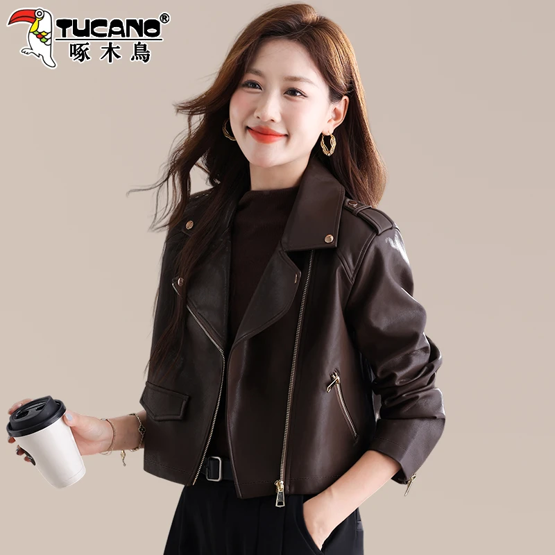 啄木鸟短款皮衣女款2025新款春秋pu皮夹克外套小个子时髦洋气上衣
