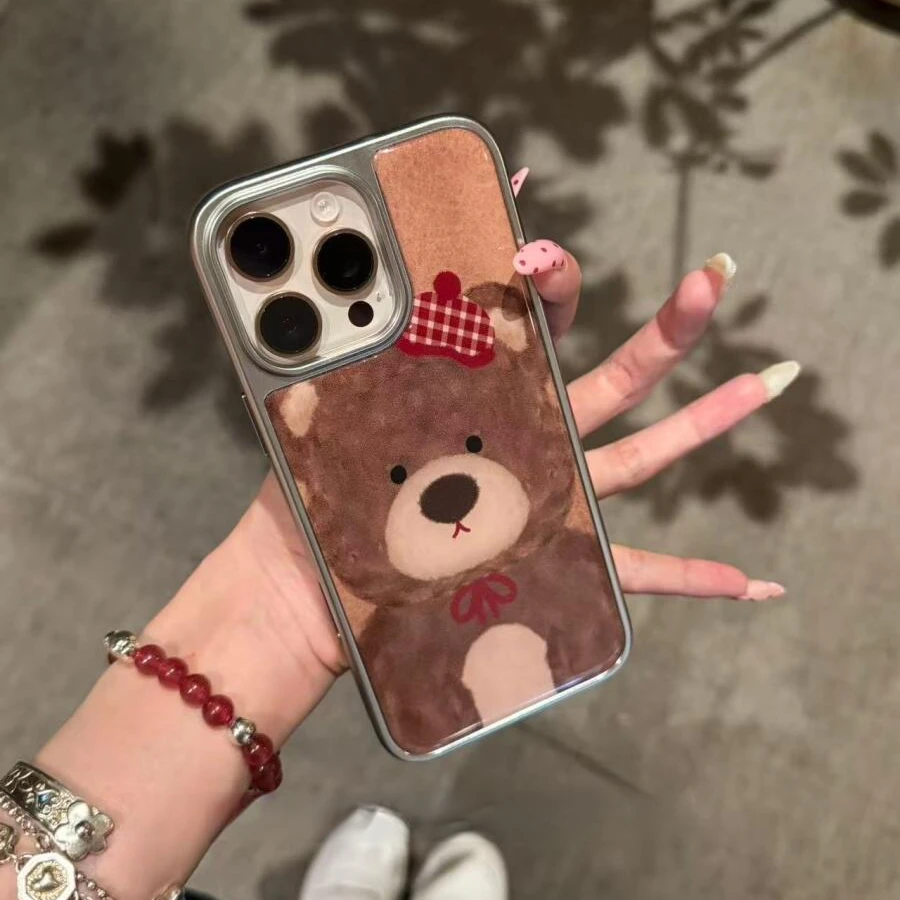 韩系可爱电镀棕色小熊适用于苹果17pro/16promax手机壳15保护套14
