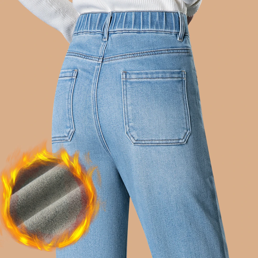 浅蓝色加绒加厚牛仔裤女士2025冬季新款宽松微喇裤高腰直筒妈妈裤