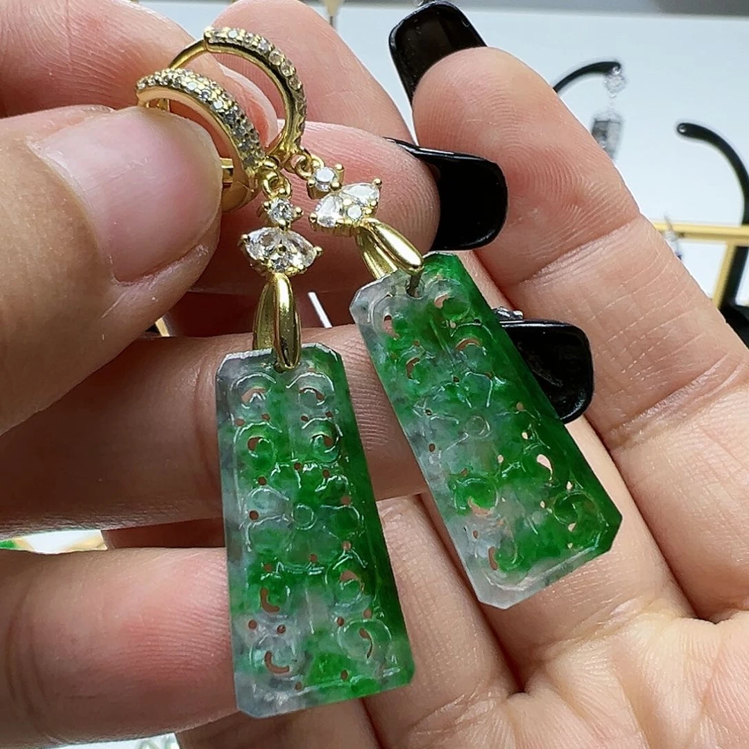 银S925镶嵌翡翠耳饰天然缅甸A货翡翠