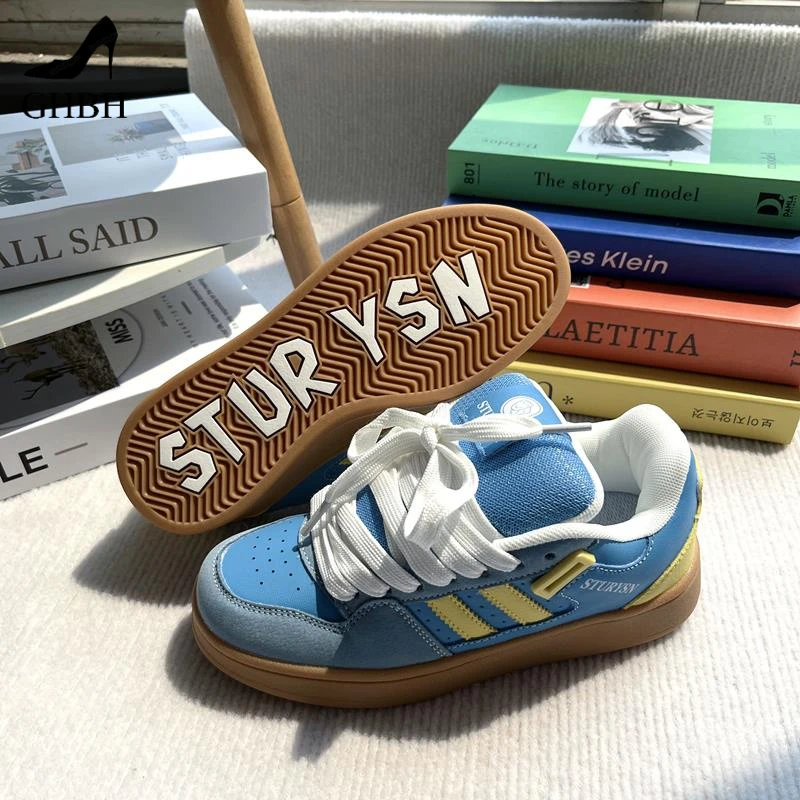 胡兰黄拼色面包鞋女ins韩版舒适小众厚底百搭休闲板鞋子2025新款